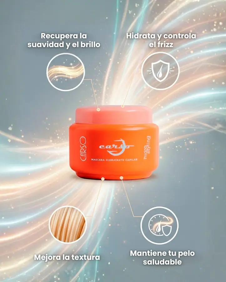 beneficios claves de la máscara hidratante capilar de carso para cabellos secos, opacos y dañados